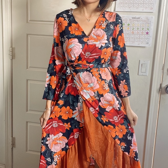 Boho Floral Print Asymmetrical Ruffle Hem Belted Maxi Dress - Picture 7 of 12